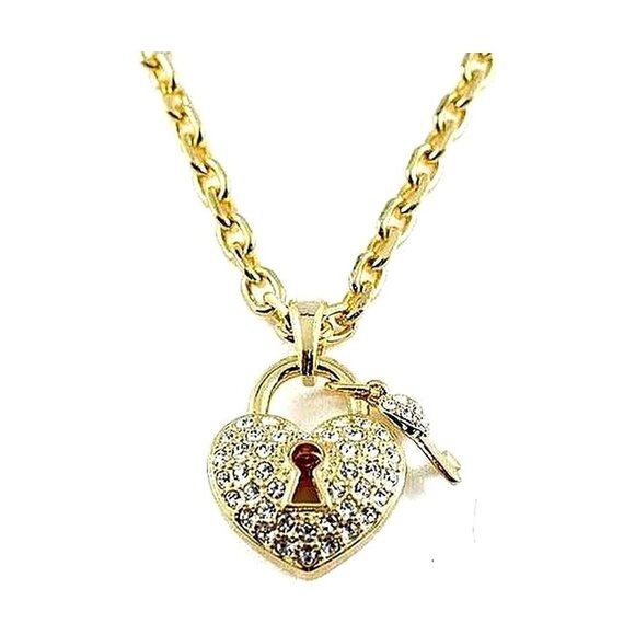 18" Heart & Key Pave Clear Crystal Goldtone Chain Link Charm Keyhole Necklace - Picture 1 of 3
